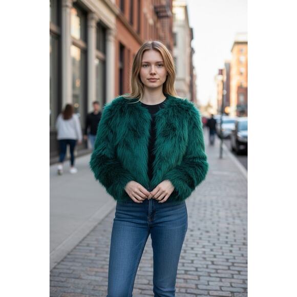 Shein Shaggy Teal Faux Fur Jacket Sz Small Short Open Front Fashion - Picture 2 of 8